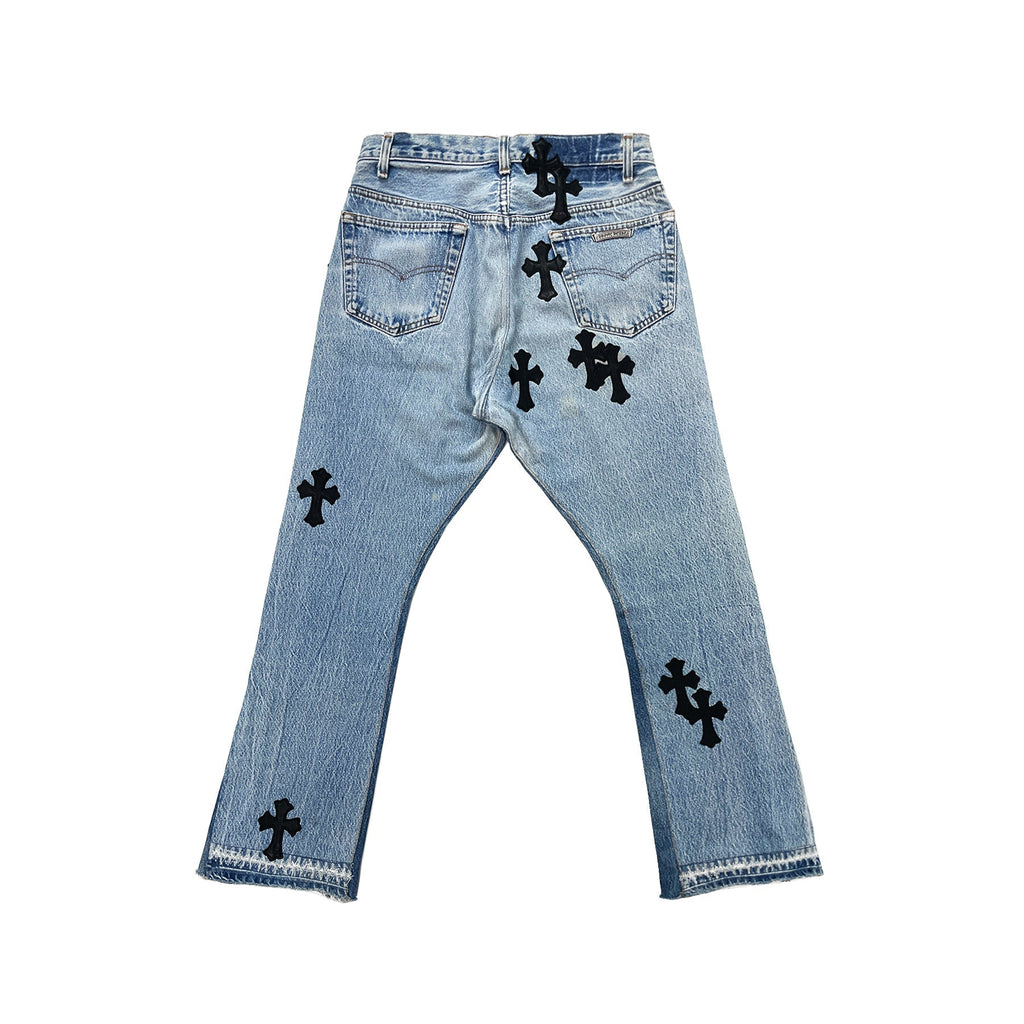 Chrome Hearts x Levi's 501 Black Cross Patch Jeans – Blue back view