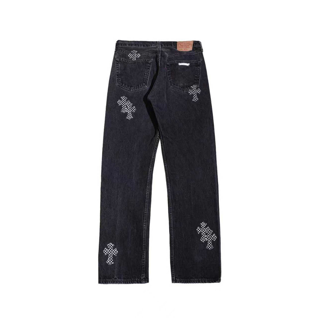 Chrome Hearts x Levi's 501 Checkerboard Pony Hair Cross Patch Jeans – Black back view