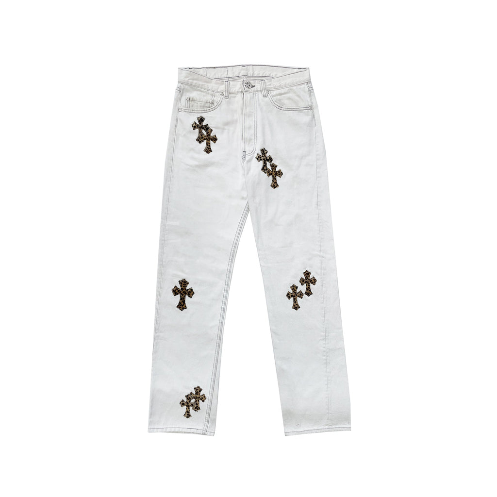 Chrome Hearts x Levi's 501 Leopard Pony Hair Cross Patch Jeans – White front view
