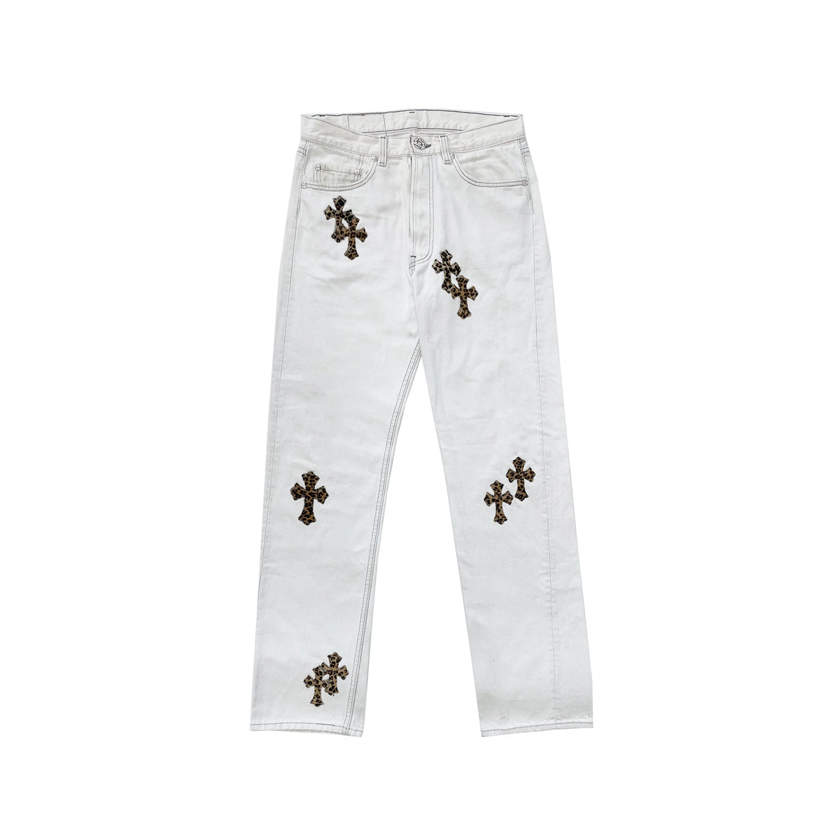 Chrome Hearts x Levi's 501 Leopard Pony Hair Cross Patch Jeans – White front view
