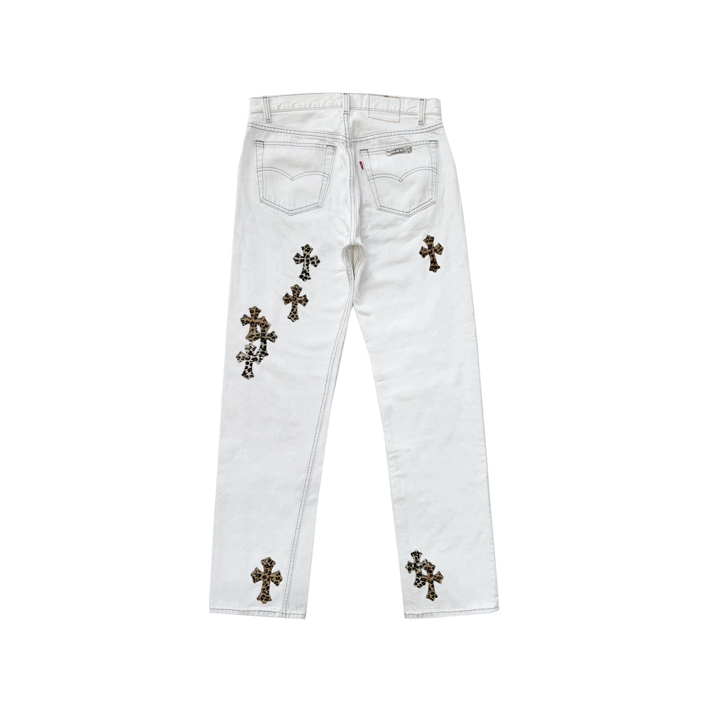 Chrome Hearts x Levi's 501 Leopard Pony Hair Cross Patch Jeans – White back view