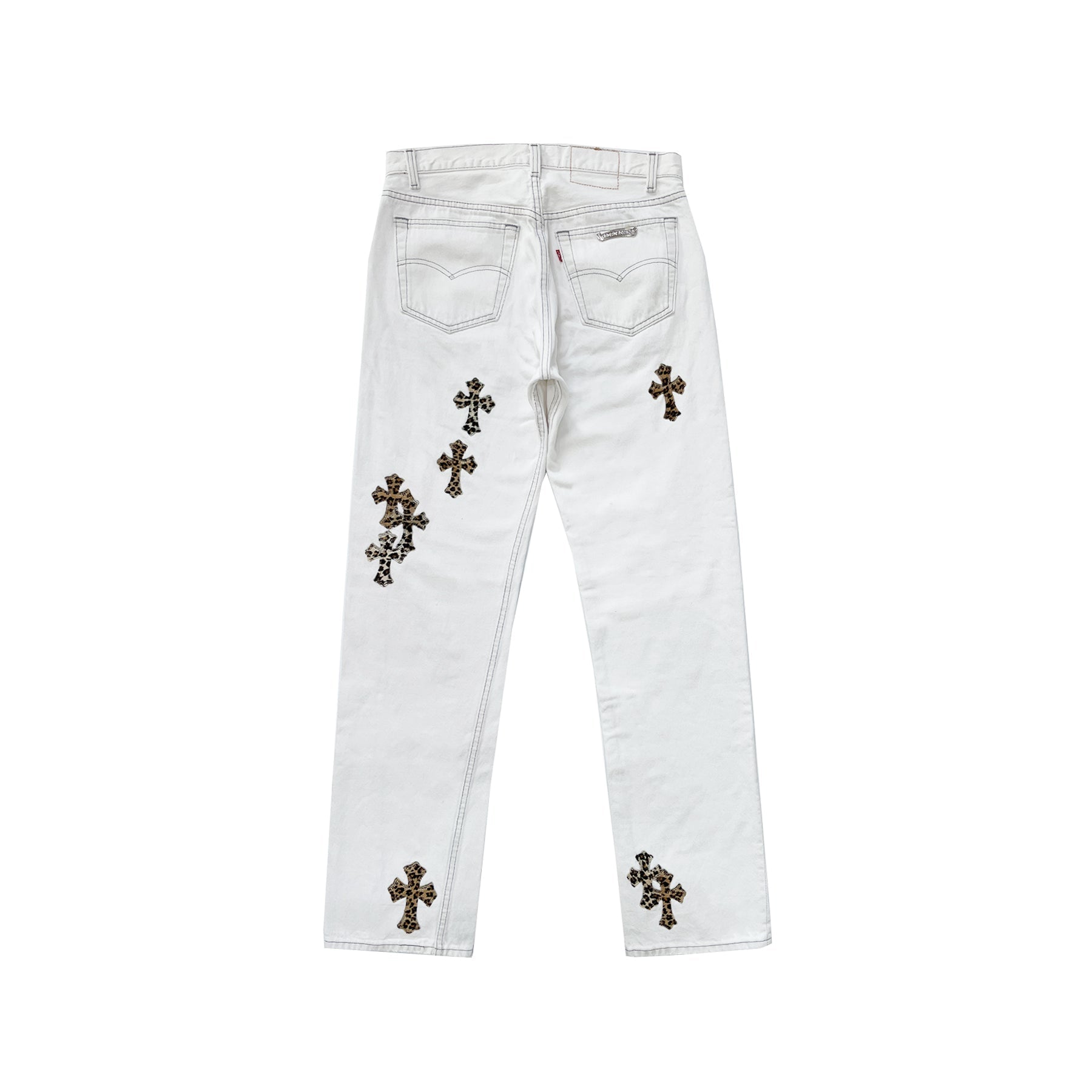 Chrome Hearts x Levi's 501 Leopard Pony Hair Cross Patch Jeans – White back view