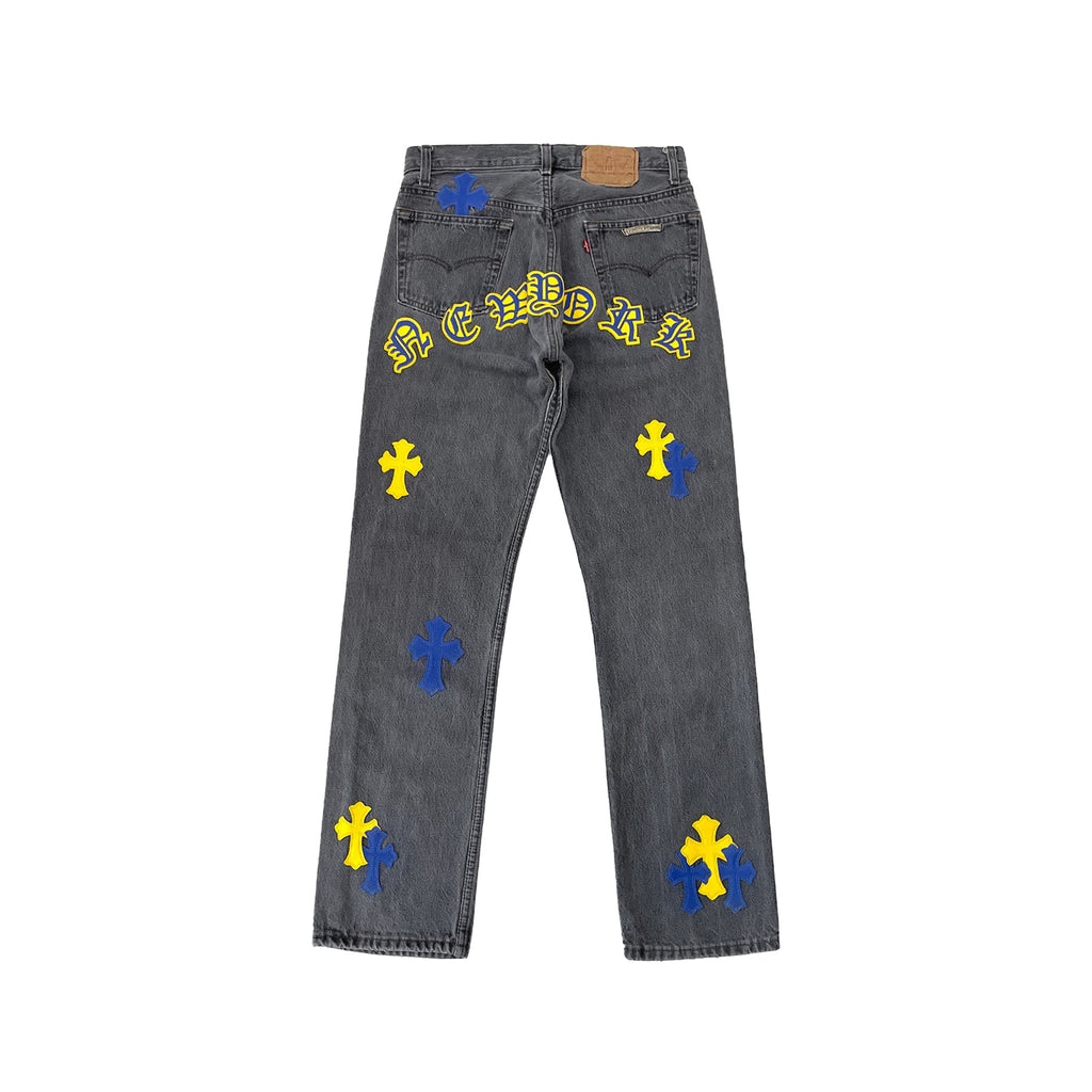 Chrome Hearts x Levi's 501 New York Exclusive Cross Patch Jeans – Grey front view