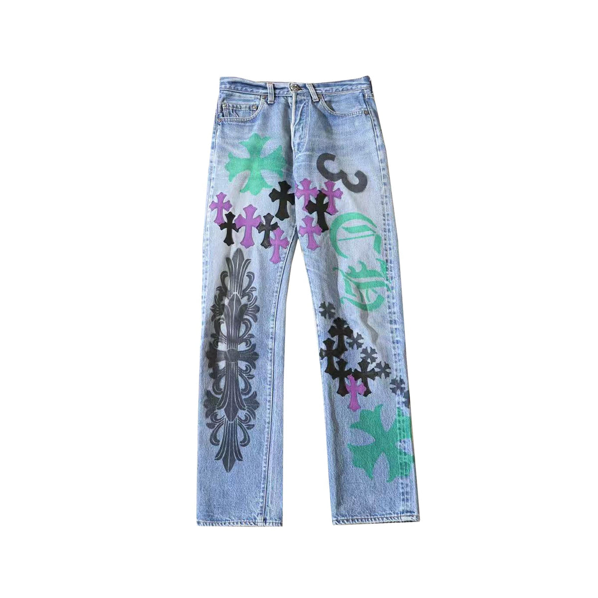 Chrome Hearts x Levi's 501 Spray-Painted Multi Graphic Jeans – Light Wash Blue front view