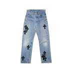 Chrome Hearts x Levi's 501 Washed Blue Black Cross Patch Jeans front view