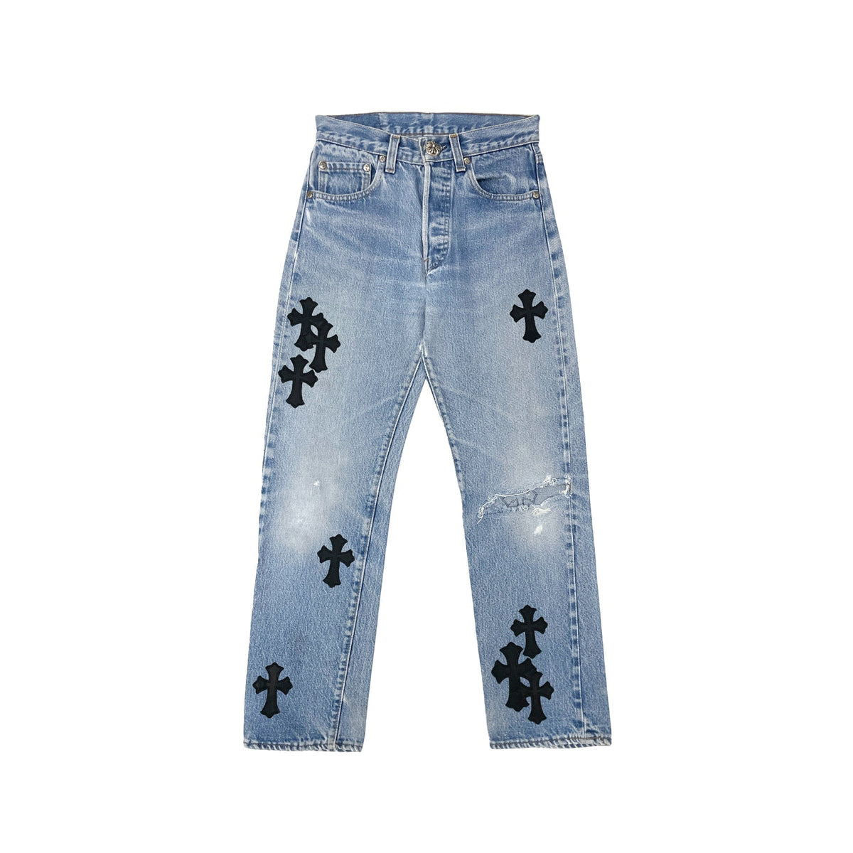 Chrome Hearts x Levi's 501 Washed Blue Black Cross Patch Jeans front view