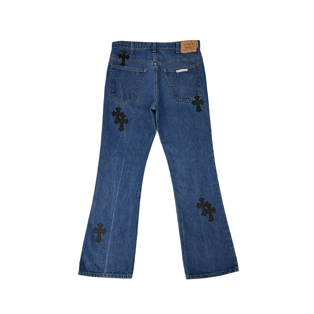 Chrome Hearts x Levi's 517 Black Cross Patch Jeans – Blue back view