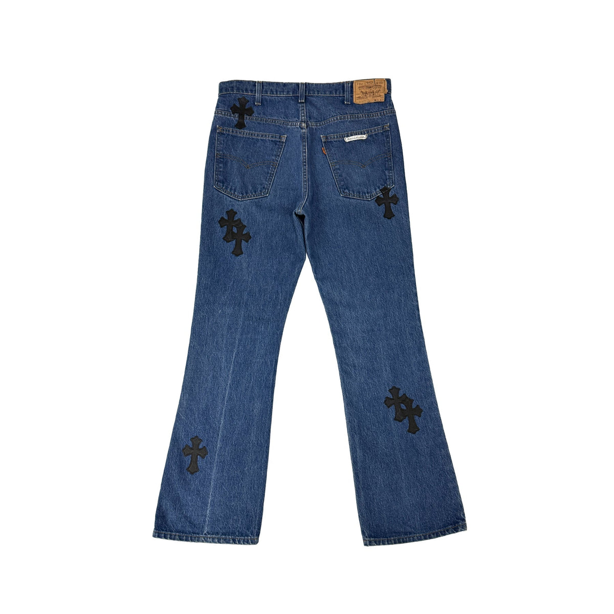 Chrome Hearts x Levi's 517 Black Cross Patch Jeans – Blue back view