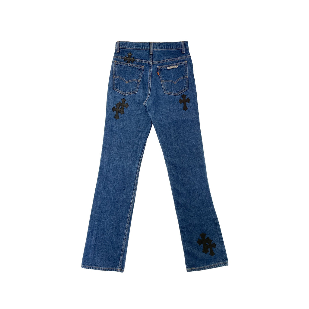 Chrome Hearts x Levi's 517 Black Cross Patch Jeans – Blue back view