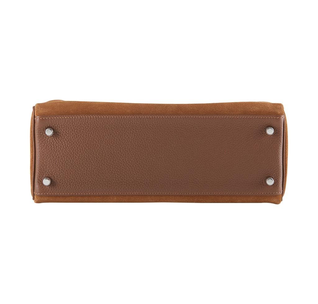 Hermes Kelly Grizzly 32 Fauve Gold Suede Togo Leather Palladium Hardware