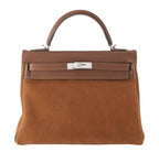 Hermes Kelly Grizzly 32 Fauve Gold Suede Togo Leather Palladium Hardware