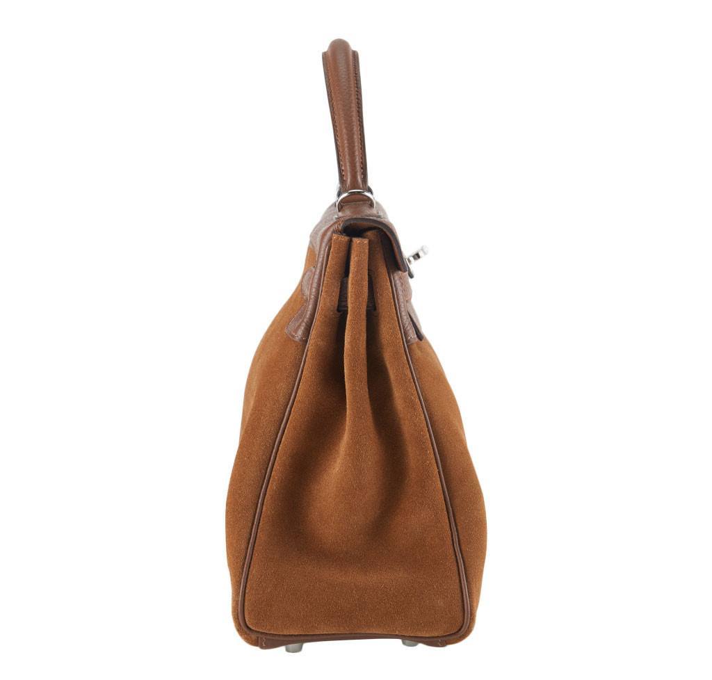 Hermes Kelly Grizzly 32 Fauve Gold Suede Togo Leather Palladium Hardware